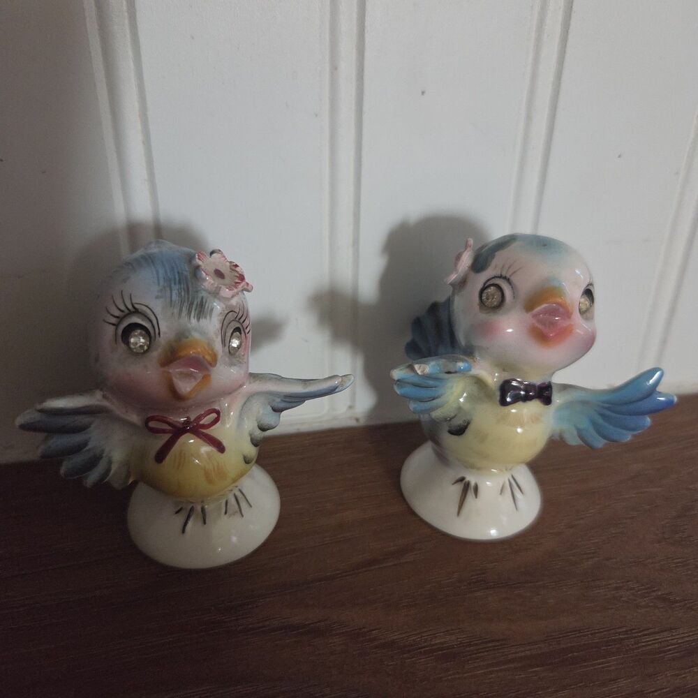 Vintage Lefton #239 Bluebird Salt Pepper Shakers Rhinestone Eyes Japan MCM